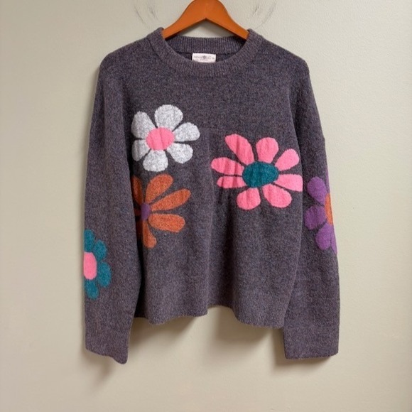 NATURAL LIFE Sweaters - Natural Life Intarsia Icon Daisy Sweater L Charcoal Boho Retro Floral Knit